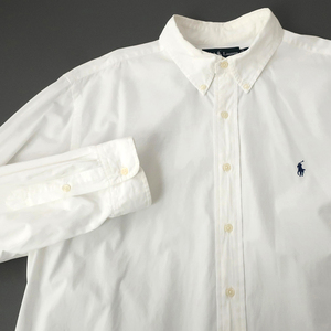 90s ラルフローレンRalphLauren ホワイトシャツ ワイド ボタンダウン ポニー刺繍　US-XL