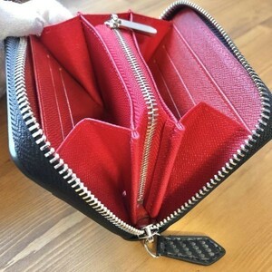 【土屋革具 】カーボンレザー コンパクト財布　ミニ財布 ラウンドファスナー ハンドメイド 牛革 1円 黒赤