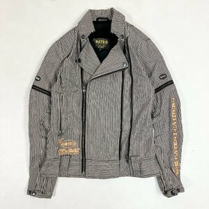 ◆【古着】BATES ベイツ ストライプ シングル ライダース ジャケット バイクウエア バイカー コットン Sサイズ 白 紺 メンズ 0.93㎏