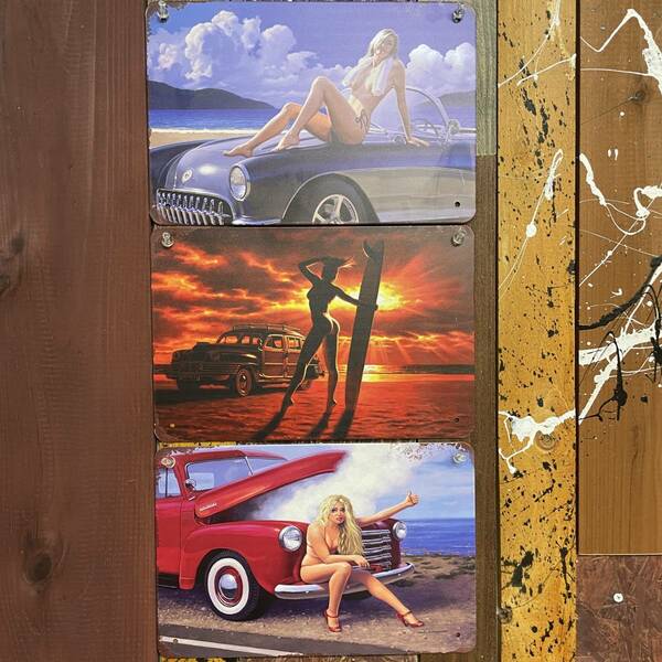 ブリキ看板 3枚 壁掛けプレート クラシックカー セクシーガール モデルカー レーシング 金属パネル 壁飾り アメリカ レトロ アンティーク