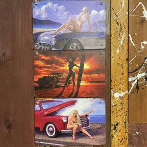 ブリキ看板 3枚 壁掛けプレート クラシックカー セクシーガール モデルカー レーシング 金属パネル 壁飾り アメリカ レトロ アンティーク