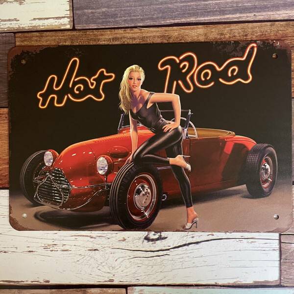 ブリキ看板 HOT ROD ホットロード クラシックカー アンティーク レトロ 壁掛けプレート 金属パネル 壁飾り インテリア雑貨 アメリカ雑貨