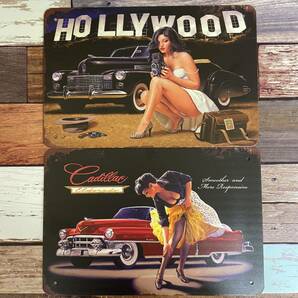 2枚 ブリキ看板 昭和レトロ ハリウッド HOLLYWOOD キャデラック Cadillac クラシックカー アンティーク 壁掛けプレート 金属パネル 壁飾り