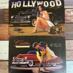 2枚ブリキ看板 車 昭和レトロ ハリウッド HOLLYWOOD キャデラック Cadillac クラシックカー アンティーク 壁掛けプレート 金属パネル壁飾り