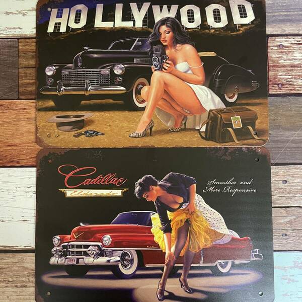 2枚ブリキ看板 車 昭和レトロ ハリウッド HOLLYWOOD キャデラック Cadillac クラシックカー アンティーク 壁掛けプレート 金属パネル壁飾り