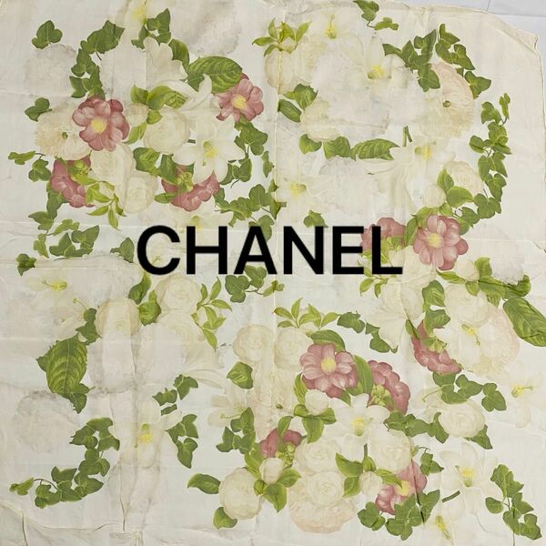 ★CHANEL★ スカーフ 大判 シフォン カメリア シルク アイボリー