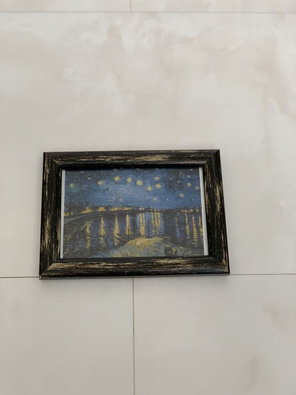 ★Handmade paper ``Van Gogh's Starry Night on the Rhone River'' with frame, postcard size, Japanese paper, postcard, illustrated letter, calligraphy, watercolor painting, ink painting, sumi-e, embossing, paper-cutting ★, painting, oil painting, Nature, Landscape painting