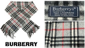 高級イングランド製バーバリーBURBERRYノバチェック・カシミヤ・マフラー★グレー★32ｘ138