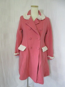 ６７５　シャーリーテンプル　ピンク色　レースの襟　カシミヤ混　ウールロング丈コート　150㎝サイズ