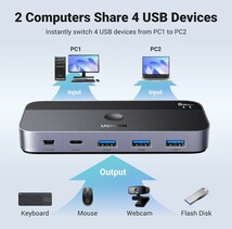 UGREEN USB3.0 切替器 2PCでUSB-C&Aデバイス共有 5Gbps高速転送 USB切り替えリモコン切り替え機 2*USBケーブル&リモコン付 スカイグレーA12_画像2