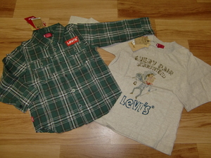 Новый Levi's Рубашка с длинным рукавом Футболка с длинным рукавом Набор из 2 предметов 110 Зеленый × бежевый Детская рубашка в клетку Хлопковая рубашка Хлопковая рубашка