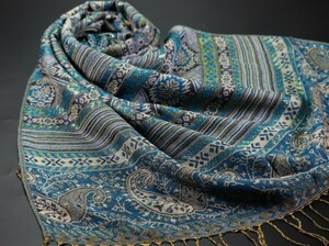 セレクト出品◆LR-P243 最高級 カシミア 大判 ストール/マフラー【ブルー系/ legend paisley】厚手　 極上 パシュミナ/カシミア