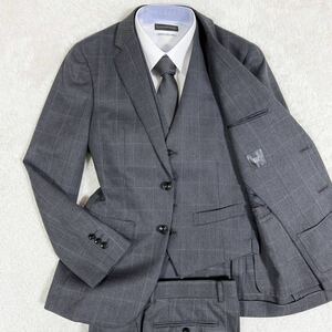 極美品/スーツセレクト【圧巻のスリーピース】SUIT SELECT スーツ セットアップ 3ピース ジャケット ウィンドウペンチェック ウール グレー