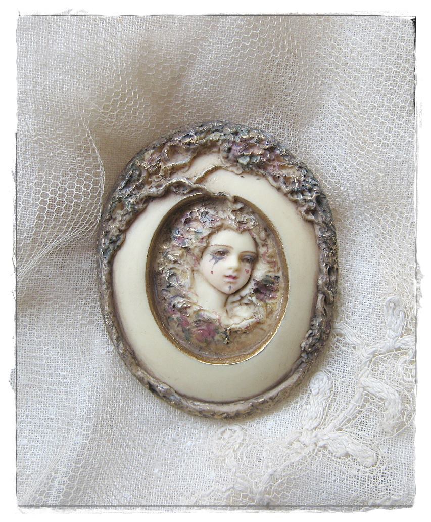 Relief painting, antique style, brooch style, Clown of the Mysterious Forest, Clown, A, Atelier Geppetto, created by Murata Myogen, Artwork, Painting, Portraits