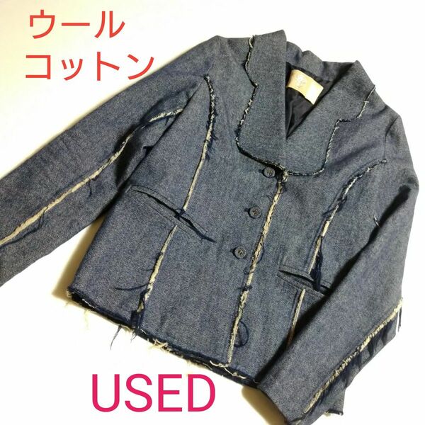 USED★Ututu★レディースジャケット・デニム・ウール・コットン★デニム風・フリー・ダメージ風★トップス・春秋★フリーサイズ