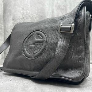 【A4/美品】1円 GIORGIO ARMANI ジョルジオアルマーニ ショルダーバッグ メッセンジャー 斜め掛け レザー メンズ ビジネス グレー系