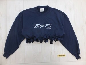 CARIBBEAN SIDE レディース 綿 裾リボン 英字刺繍 クロップド丈 トレーナー G/L 紺