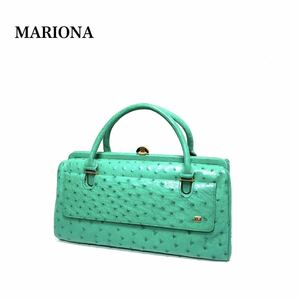 ☆美品☆ MARIONA Ostrich leather オーストリッチ ダチョウ革 がま口 ハンドバッグ エメラルドグリーン系色