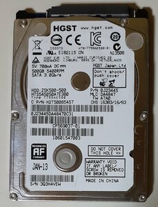 4207 2.5インチ内蔵SATAハードディスク 7mm 500GB HGST HTS545050A7E380 5400rpm 391時間 正常 富士通 Windows8入り UH750K CP569037-01