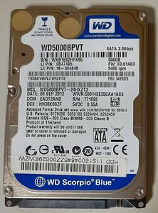 4236 2.5インチ内蔵SATAハードディスク500GB WesternDigital WD5000BPVT-24HXZT3 9.5mm 5400rpm 2180時間正常 lenovo ideapad Windows8入り