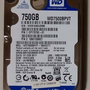 4222 2.5インチ 内蔵SATAハードディスク 750GB 9.5mm 5400rpm WesternDigital WD7500BPVT-16HXZT1 Mac/Win 使用23522時間 正常の画像1