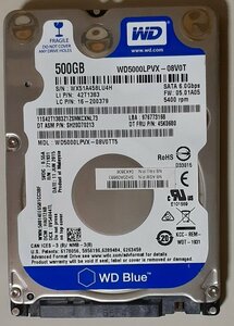 4260 2.5インチ内蔵SATAハードディスク 7mm 500GB WesternDigital WD5000LPVX-08V0TT5 5400rpm lenovo Think Win7Pro32bitリカバリ 52時間