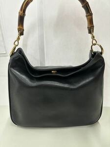 1円〜　GUCCI グッチ　レザー　ショルダーバッグ バンブー　ブラック系 ゴールド金具　001 1014 1638