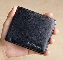 牛革財布 メンズ 本牛革財布、高級感、二つ折り財布、牛革、新品、国内当日発送(黒灰色)_画像1
