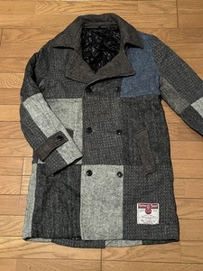 イギリス製 ハリスツイード Harris Tweed ピーコート ロングコート パッチワーク マルチカラー Lサイズ ヘリンボーン 千鳥格子 Pコート KMK