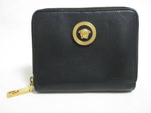 12546◆VERSACE ヴェルサーチ ヴェルサーチェ ラウンドファスナーレザーウオレット ファスナー財布 黒 MADE IN ITALY 中古 USED