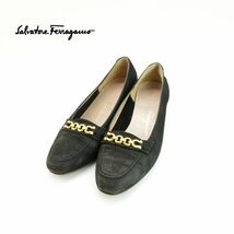 Salvatore Ferragamo サルヴァトーレフェラガモ 5 1/2 23.0 パンプス イタリア製 ヒール ゴールド金具 スエード 黒 ブラック/LC57_画像1