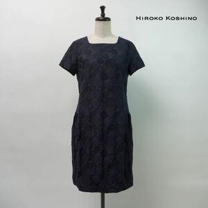 美品 HIROKO BIS ヒロココシノ ジャガード 水玉 半袖タイトワンピース 膝丈 ペチコート付き レディース 紺 ネイビー サイズ9*MC33