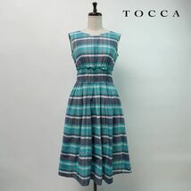 美品 TOCCA トッカ チェック柄 ウエストシャーリング ノースリーブフレアワンピース 裏地なし レディース 水色 ライトブルー サイズ0*MC37_画像1