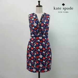 美品 kate spade new york ケイトスペード 花柄 縁レース ノースリーブ膝丈ワンピース 裏地なし レディース マルチカラー サイズ0*MC42