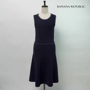 美品 Banana Republic バナナリパブリック ステッチ刺繍 リブ フレアワンピース 膝丈 裏地なし レディース 紺 ネイビー サイズXS*MC55