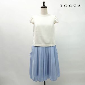 美品 TOCCA トッカ ツーピース風ドッキングワンピース プリーツスカート 膝丈 裏地あり バックジップ レディース 白 水色 サイズ0*MC619