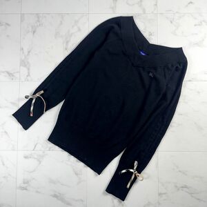 美品 BURBERRY BLUE LABEL ウール100% Vネック 部分リブ長袖ニットカットソー トップス レディース 黒 ブラック サイズ38*MC95