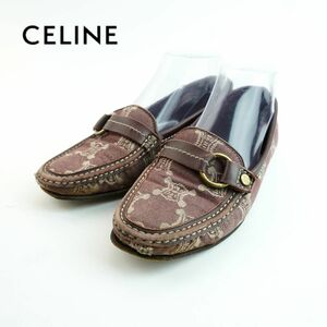 CELINE セリーヌ 36 22.0 ローファー トリオンフ フラットシューズ ゴールド金具 総柄 キャンバス地 ボルドー/MC75