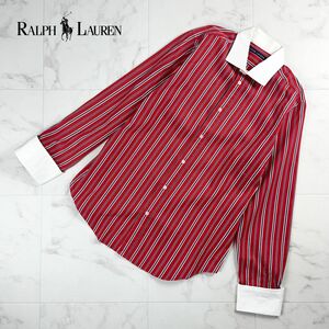 美品 Ralph Lauren ラルフローレン ストライプ柄シャツ 長袖 トップス レディース 赤 レッド サイズ7f*MC956