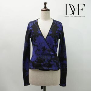 美品 DIANE von FURSTENBERG ダイアンフォンファステンバーグ 総柄 ウールラップニットカーディガン トップス レディース 青 サイズS*MC200