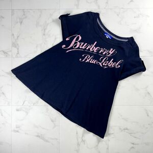 美品 BURBERRY BLUE LABEL バーバリーブルーレーベル フロントプリント 半袖Tシャツ フレア トップス レディース 紺 サイズ38*MC305