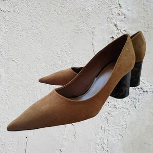 ZARA/パンプス/スエード/ポインテッドトゥ/べっ甲/チャンキーヒール/39/25.5cm/ブラウン/茶色/USED/ユーズド