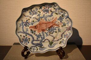 【GE】E177【コレクター所蔵品】時代 天啓赤絵魚図皿 /中国古玩 中国美術 骨董品 時代品 美術品 古美術品