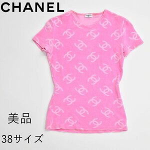 ■▼美品 ヴィンテージ 1996 CHANEL シャネル Tシャツ ベロア ココマーク レディース 38 ピンク トップス カットソー★16199