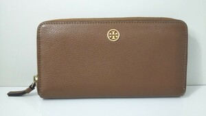 1297送料200円 TORY BURCH トリーバーチ 長財布 ロングウォレット ラウンドファスナー 茶系 ゴールド金具 レザー ロゴプレート 財布 レザー