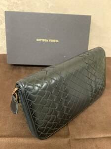 再出品なし希少1円売切り！ボッテガヴェネタBOTTEGA VENETA 長財布 イントレチャート ラウンドファスナー ラウンドジップ ラムレザー 本革 