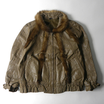 ファートリミングレザージャケット 牛革 フリル袖 11号 ミルクベージュ 日本製 レディース l0201-3_画像1