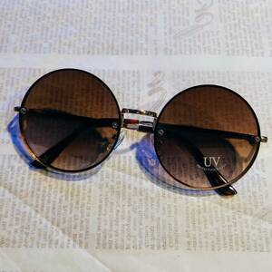 [ new goods unused ] round type sunglasses lady's UV cut small frame gradation color lens largish / 5300 Gold × Brown 