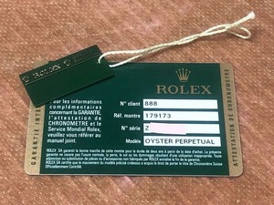 ロレックス デイトジャスト 179173 純正 ギャランティ ワランティ 国際保証書 カード グリーンタグ Z番 時計 付属品 ROLEX 非売品 DATEJUST