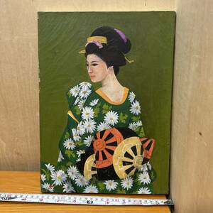 【模写】送料無料0223-3　絵　油絵　着物　女性　美人画　秋　油彩　緑